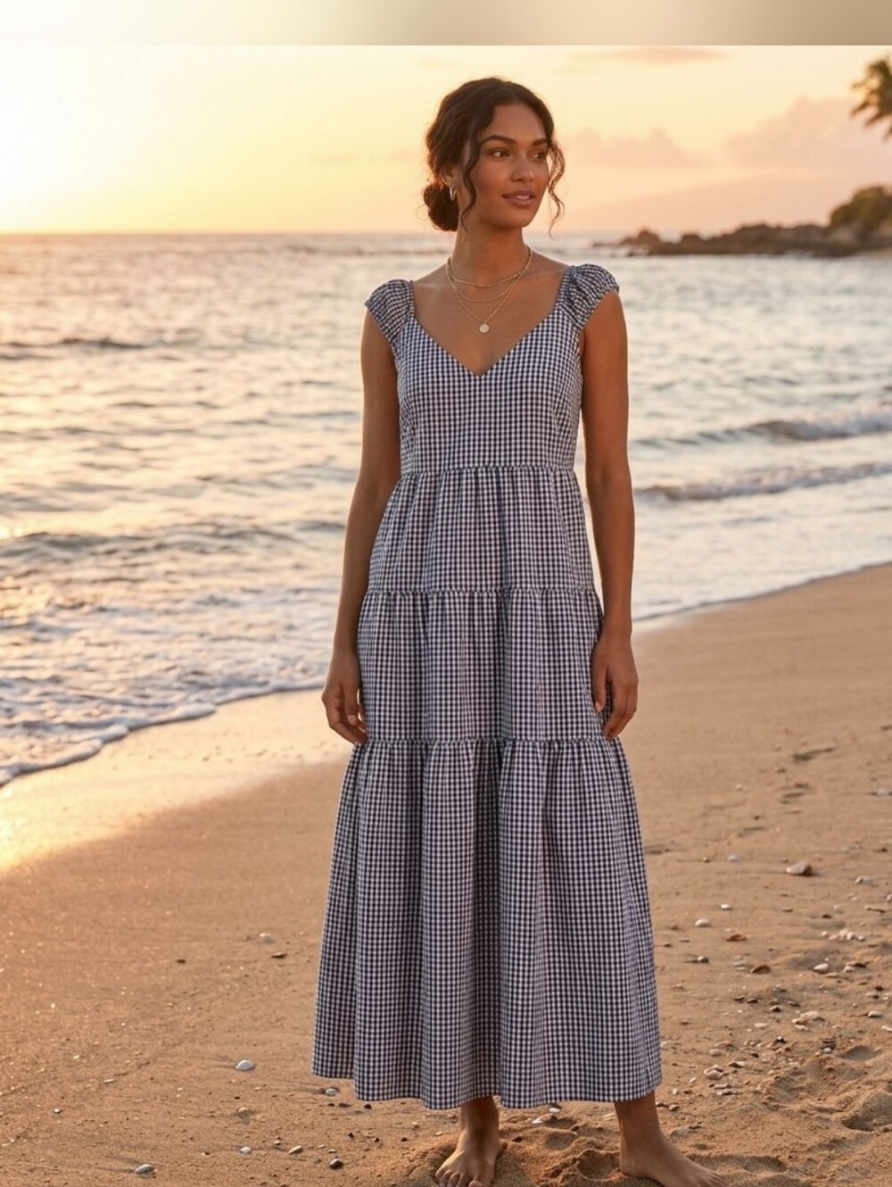 Old Navy Dress Tiered Seersucker All-Day Bow Back Maxi Gingham Milkmaid Size L